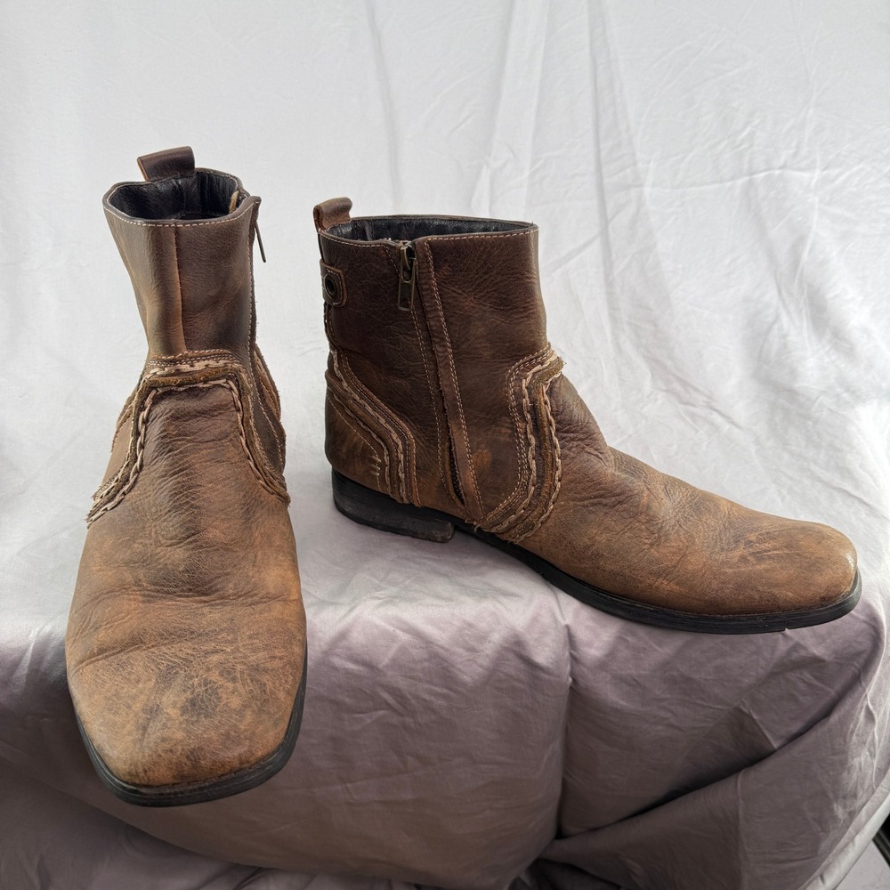 BED STU Brown Distressed Leather Square Toe Ankle Boots Size 11 Zip Up
